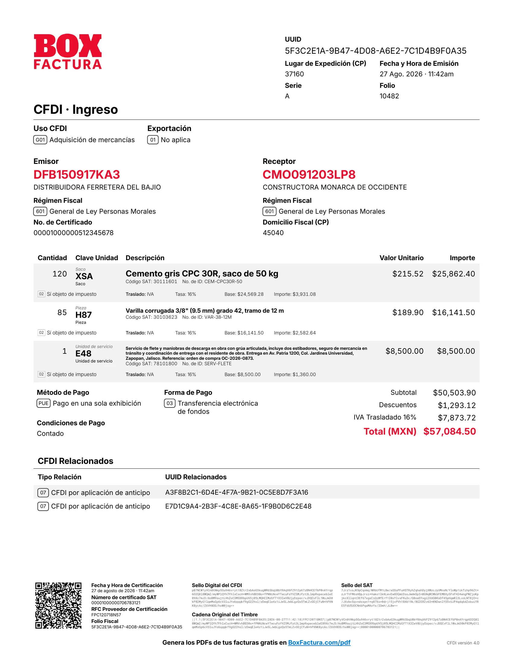 Representación impresa de un CFDI generada por nuestra API
